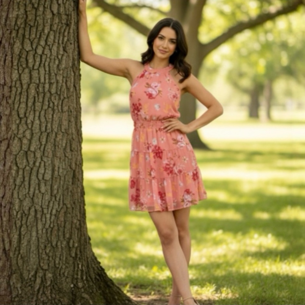 Emerald Sundae Junior's Coral Tied Smock Floral Halter Dress Orange Size X-Small - Picture 1 of 12